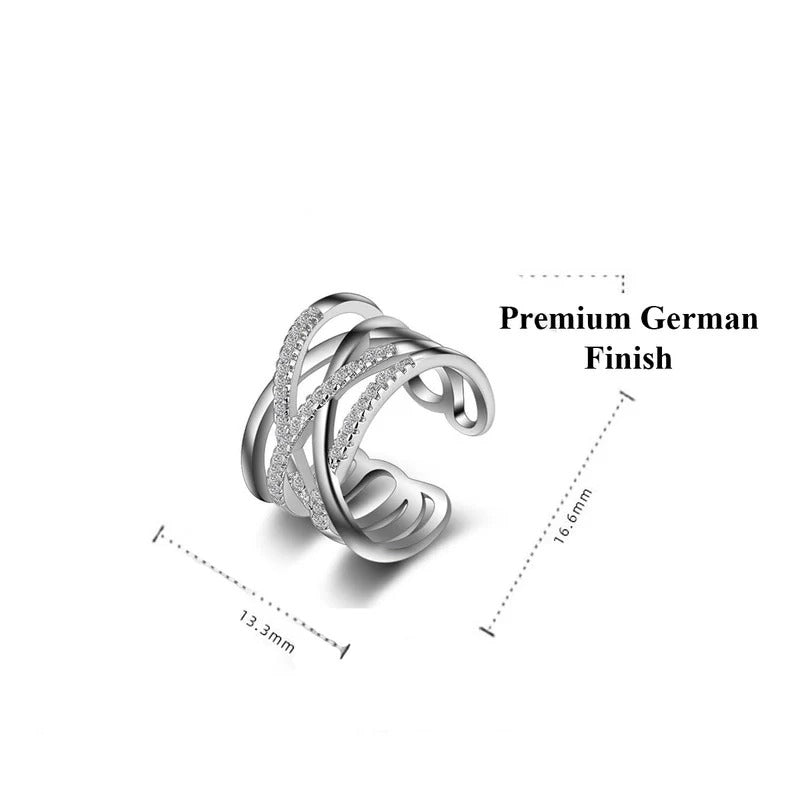 DRIARA 0163 Silver Plated Multi-Layer Korean American Diamond Adjustable Finger Ring | Stylish Criss-Cross CZ Fashion Ring for Women & Girls
