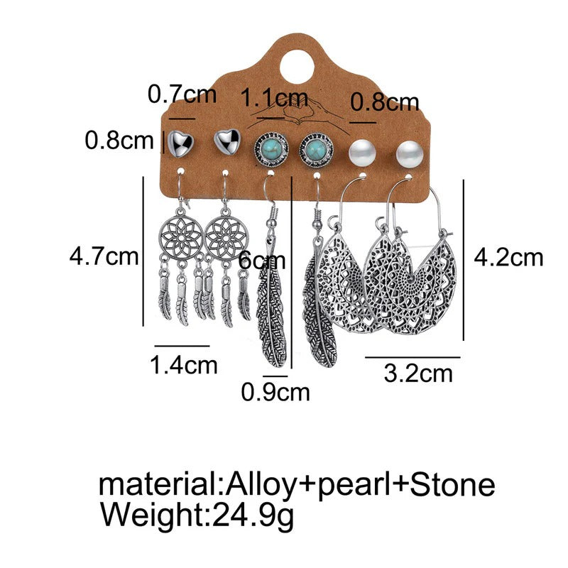 Driara 0126  6-Pair Oxidized German Silver Earring Combo | Trendy Studs, Dreamcatcher & Feather Design Set