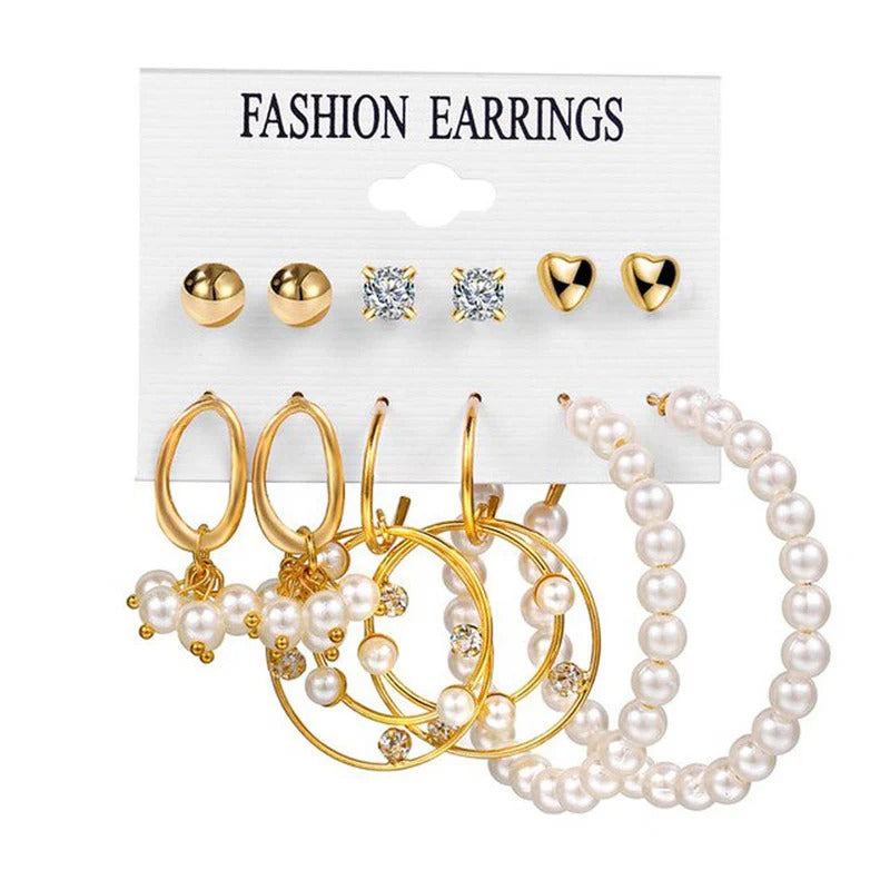 Driara 0125 6-Pair Pearl, Heart & Gold Hoop Earring Combo | Premium Studs & Hoops Set for Women & Girls