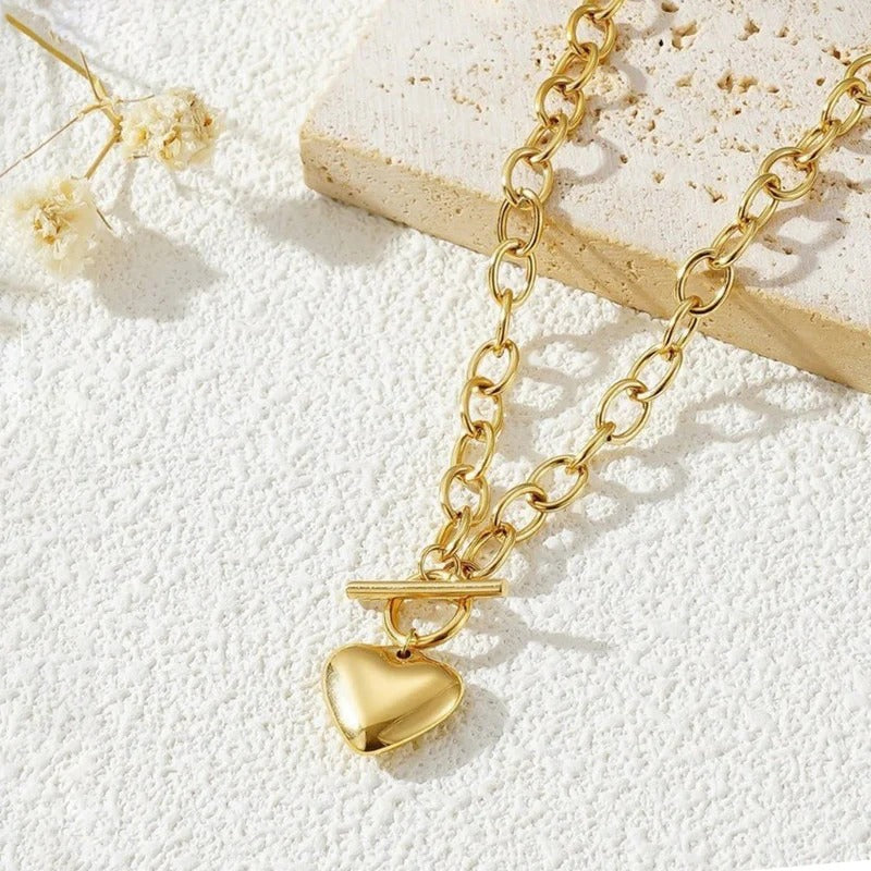 Driara 061  Golden Heart Pendant Toggle Chain Necklace for Women & Girls | Premium Chunky Link Chain | Stylish Korean Jewellery
