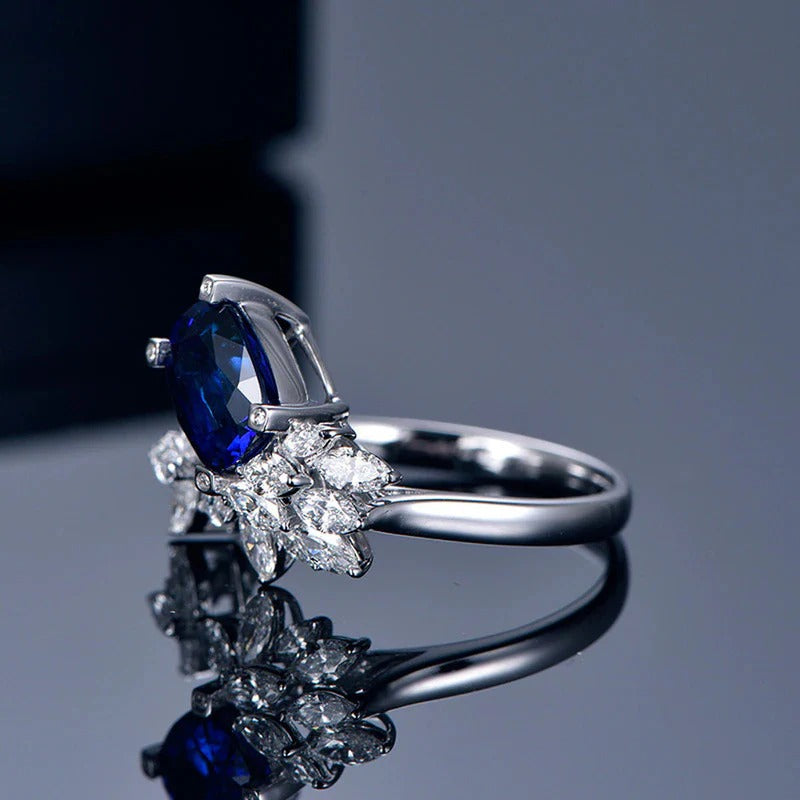 DRIARA 0150 Silver Plated Navy Blue Crushed Ice Cut Stone Cocktail Ring | Premium American Diamond Floral Finger Ring for Women