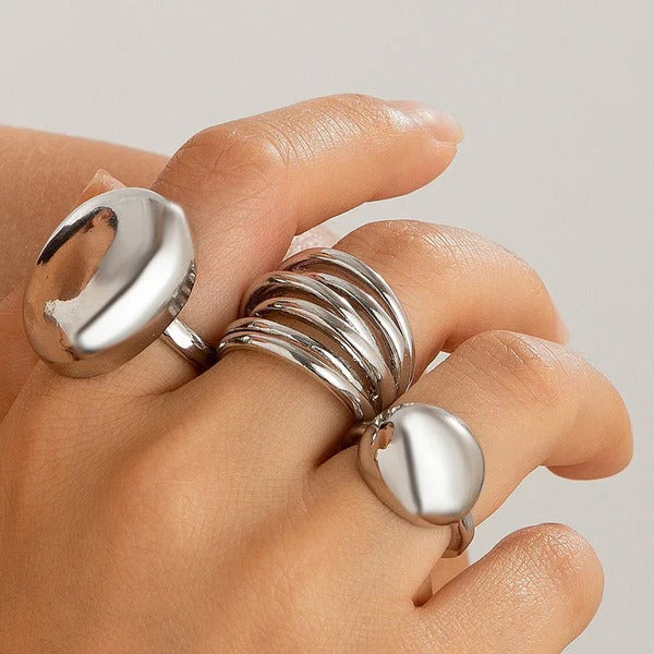 Driara 0140 Silver Plated Bold & Chunky Stackable Ring Set | Adjustable Finger Rings Combo (Set of 3)