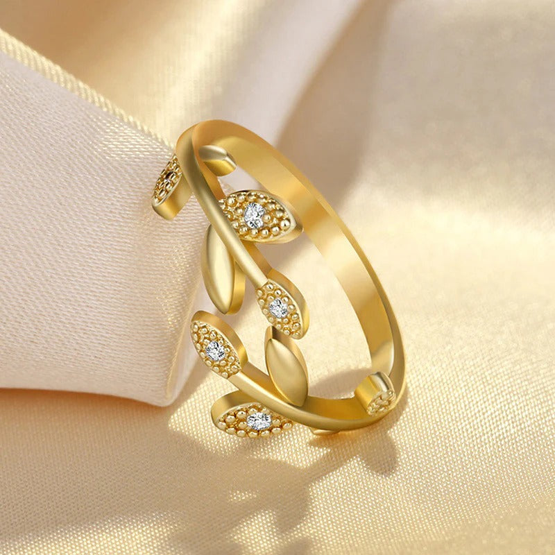 DRIARA 0182  Gold Plated Leaf Inspired CZ Adjustable Finger Ring | Elegant Contemporary Open Band Ring for Women & Girls