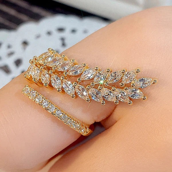 DRIARA 0180 Gold Plated Leaf Inspired CZ Stone-Studded Adjustable Finger Ring | Elegant Leaf Design Ring for Women & Girls
