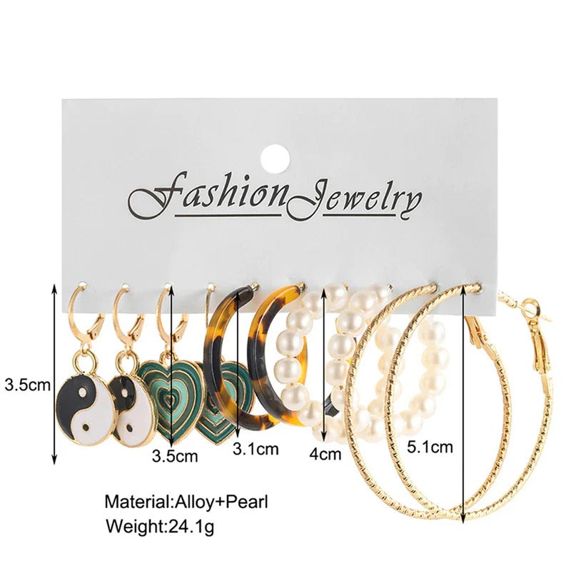 Driara 0116 5-Pair Trendy Earring Combo for Girls & Women | Korean Enamel Hearts, Beads & Gold Hoops Set