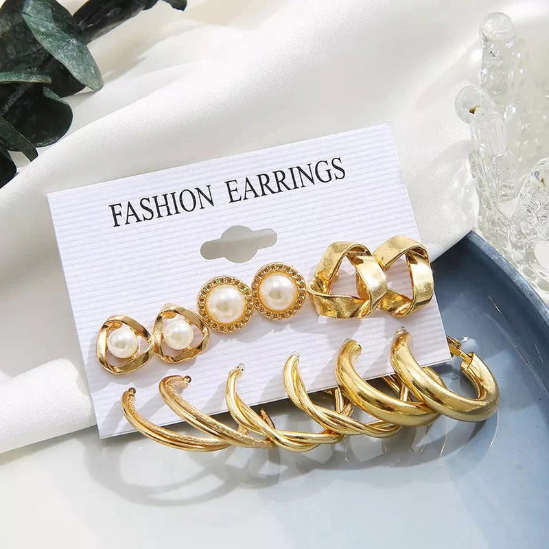 Driara 0124  6-Pair Gold, Pearl & Hoop Earring Combo | Premium Studs & Big Hoops Set for Women & Girls