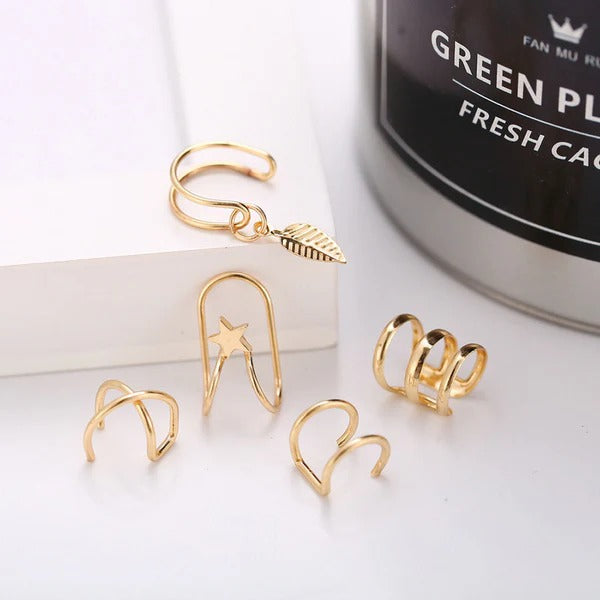 DRIARA 0106 Gold-Plated Korean Minimal Ear Cuff Earring Set for Women & Girls | 5-Piece Non-Pierced Stylish Ear Cuffs
