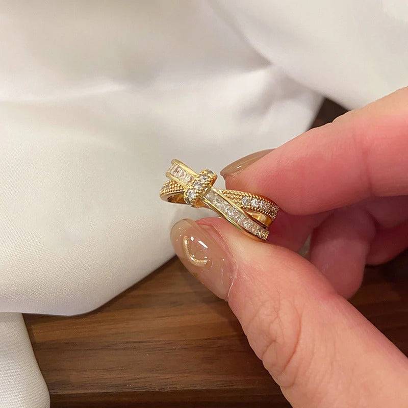DRIARA 098 Gold-Plated Cross Over AD Stone Adjustable Ring for Women | Korean Style | Stylish Daily Wear Jewellery