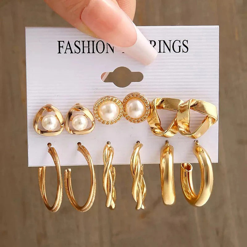 Driara 0124  6-Pair Gold, Pearl & Hoop Earring Combo | Premium Studs & Big Hoops Set for Women & Girls