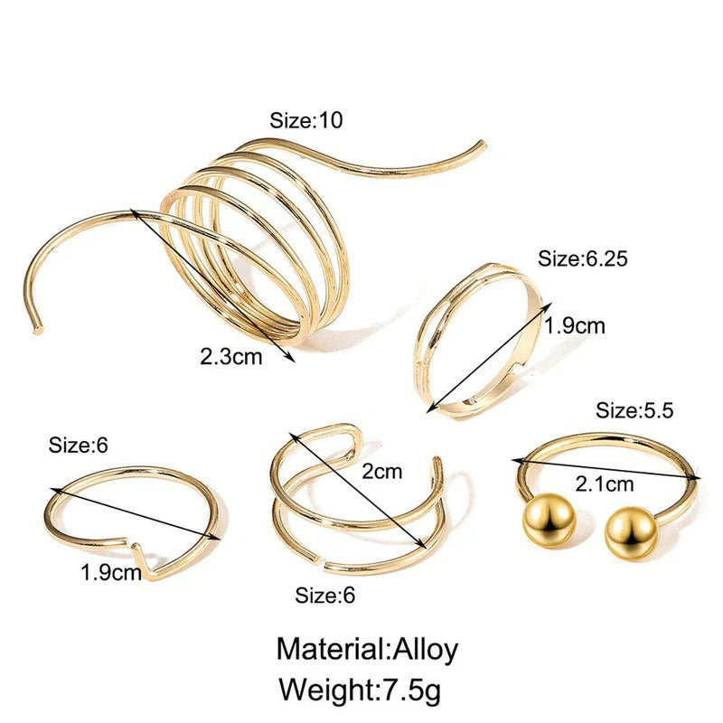 DRIARA 0113Gold-Plated Minimalistic Ring Set for Women (Set of 5) | Adjustable Korean Style Rings