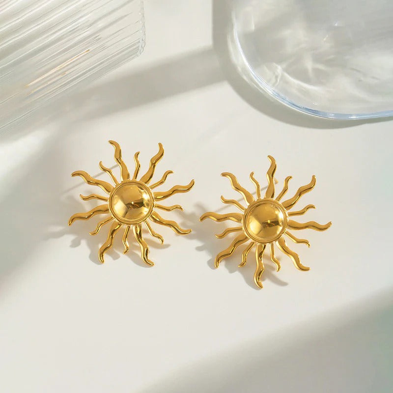 Driara 056 Golden Sun Burst Stud Earrings for Women & Girls | Stylish Party Wear Korean Statement Earrings | Lightweight Anti-Tarnish Jewellery