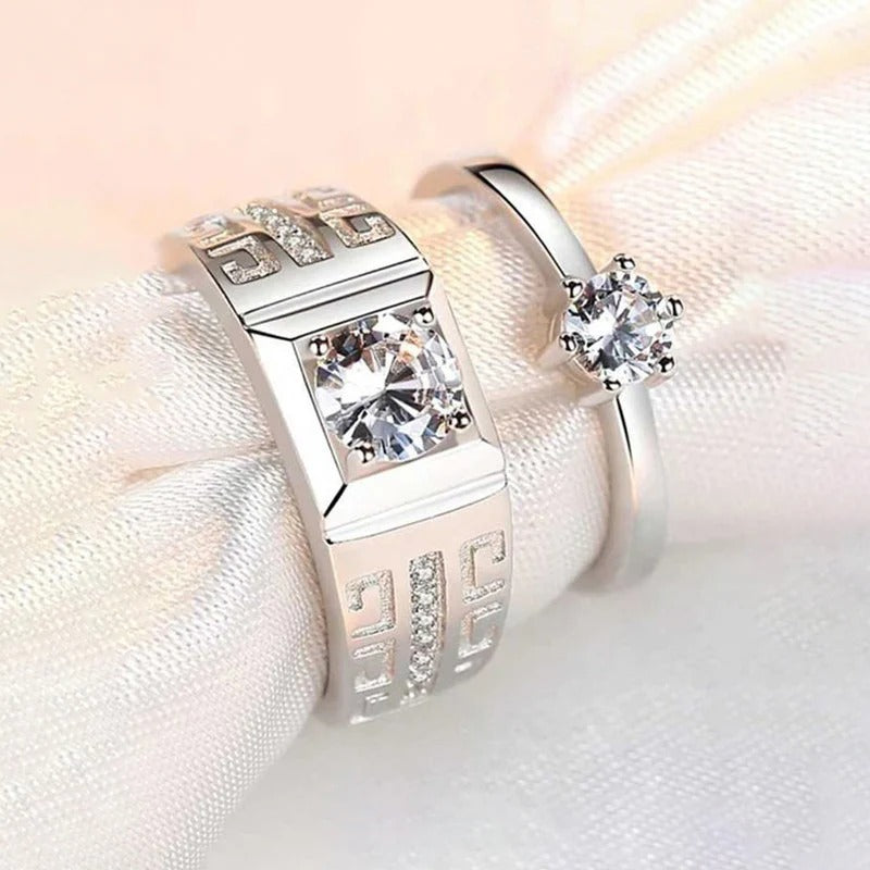 DRIARA 0156 Silver Plated American Diamond Adjustable Couple Rings | Classic Square Band CZ Rings for Him & Her