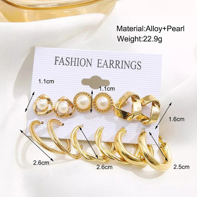 Driara 0124  6-Pair Gold, Pearl & Hoop Earring Combo | Premium Studs & Big Hoops Set for Women & Girls