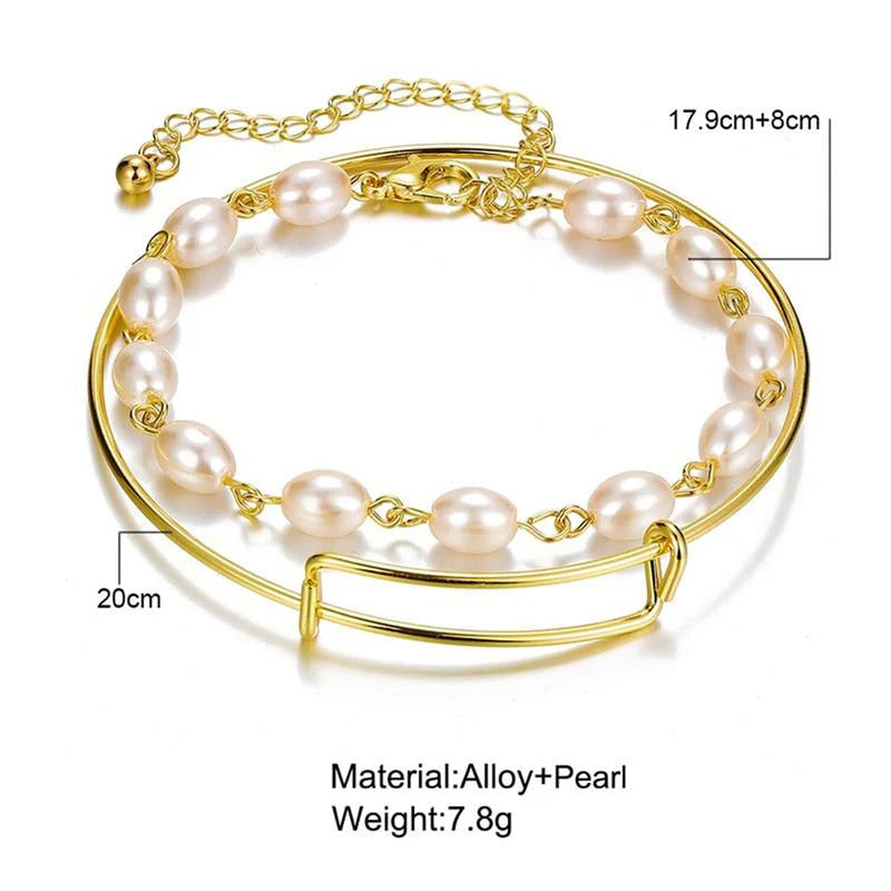 Driara 027 Gold Plated Minimal Bangle & Pearl Chain Bracelet Combo for Women & Girls – Elegant 2-Piece Jewellery Set