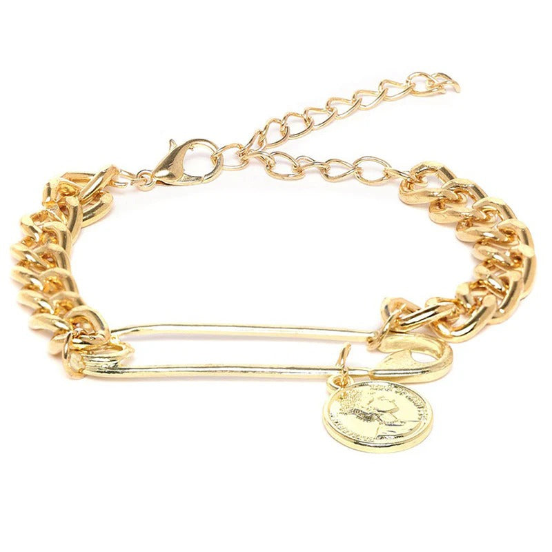 Driara 026 Gold Plated Chunky Chain Bracelet with Safety Pin Charm for Women & Girls – Trendy Korean Style Fashion Bracelet