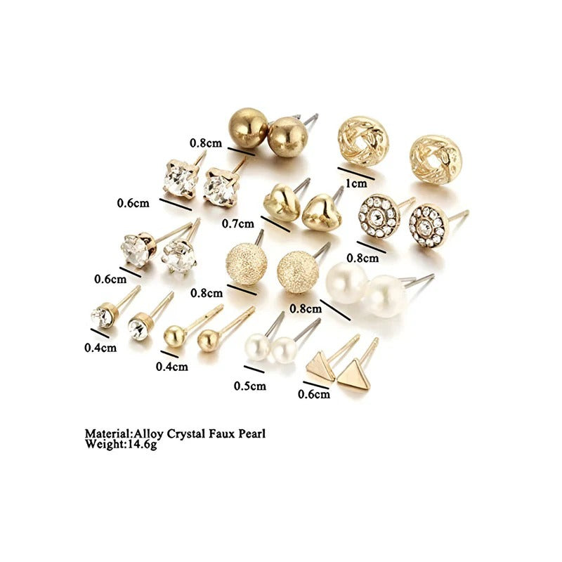 Driara 0128 12-Pair AD, Pearl & Gold Stud Earring Combo | Premium Multi-Design Stud Set for Women & Girls