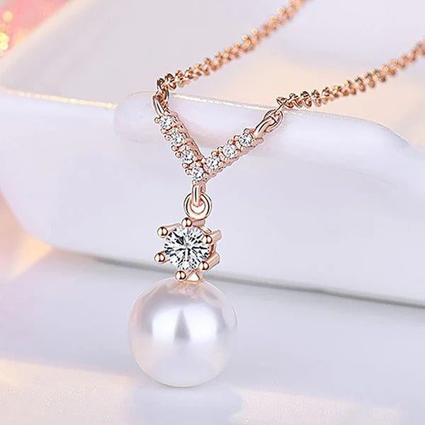 Driara 022 Rose Gold Plated V-Shape Solitaire AD Pendant with Chain for Women & Girls – Korean Style Elegant Necklace