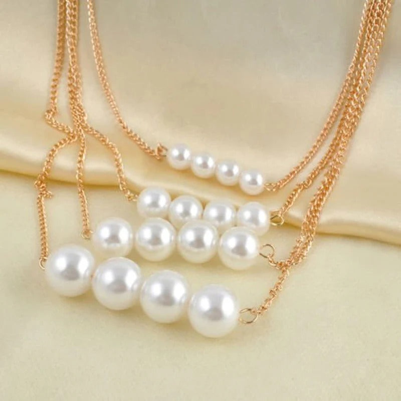 DRIARA 0184  White Gold Plated Multi-Layer Pearl Necklace | Elegant Multi-Strand Layered Pearl Chain for Women & Girls