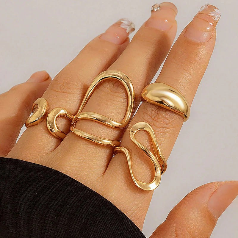 DRIARA 0103 Korean Gold-Plated 4-Piece Open Adjustable Rings Set for Women | Minimal Modern Finger Rings | Daily Wear Jewellery