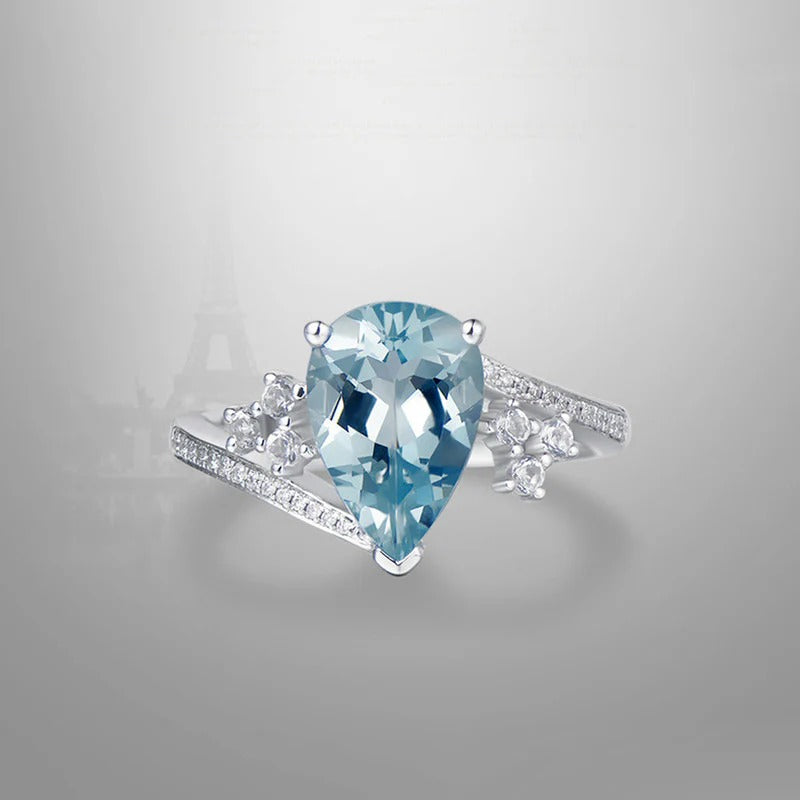 DRIARA 0152  Silver Plated Blue Crushed Ice Cut Teardrop Stone Ring | Premium American Diamond Finger Ring for Women