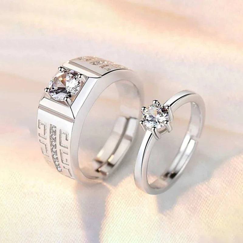 DRIARA 0156 Silver Plated American Diamond Adjustable Couple Rings | Classic Square Band CZ Rings for Him & Her