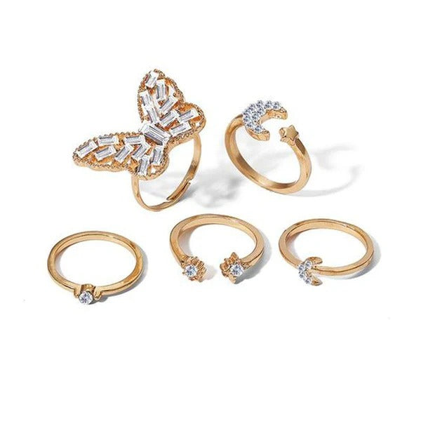 DRIARA 0197 Rose Gold Adjustable Ring Set for Women | Butterfly & Moon Design | Korean Style Finger Rings (Set of 5)