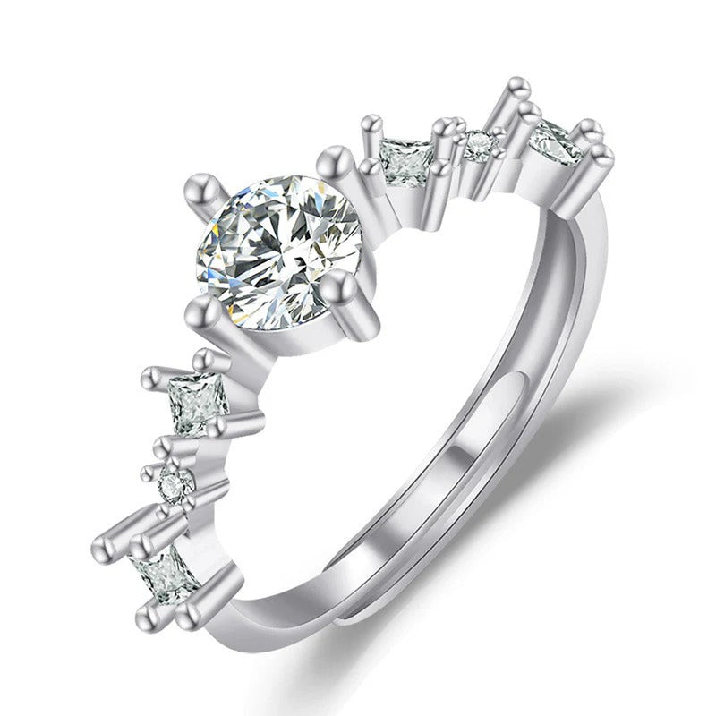 DRIARA 0164 Silver Plated Korean American Diamond Adjustable Finger Ring | Sparkling Multi-Stone CZ Statement Ring for Women & Girls   ---