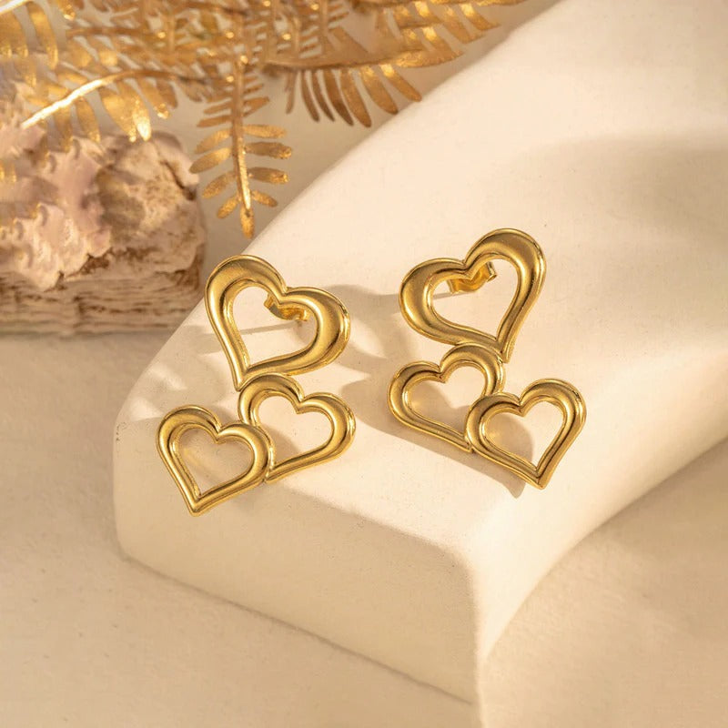 Driara 058 Double Heart Golden Stud Earrings for Women & Girls | Korean Minimal Layered Heart Design | Lightweight Anti-Tarnish Daily Wear Earrings