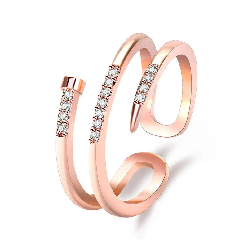 Driara 0130 Rose Gold AD Stone Finger Ring | Korean Nail Shape Adjustable Ring for Women & Girls