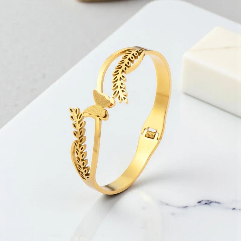 Driara 069 Golden Leaf Butterfly Adjustable Bangle Bracelet for Women & Girls | Stylish Korean Open Cuff Design | Anti-Tarnish Fashion Jewellery