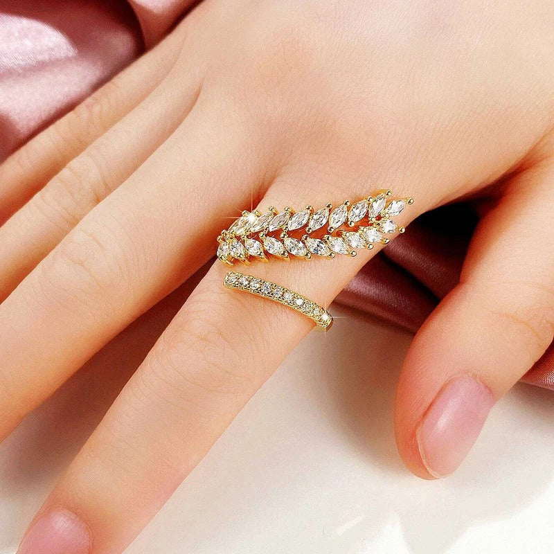 DRIARA 0180 Gold Plated Leaf Inspired CZ Stone-Studded Adjustable Finger Ring | Elegant Leaf Design Ring for Women & Girls