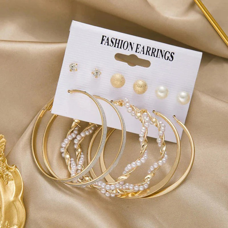 Driara 0118 6-Pair Pearl & Gold Hoop Earring Combo | Premium Studs & Big Hoops Set for Women & Girls