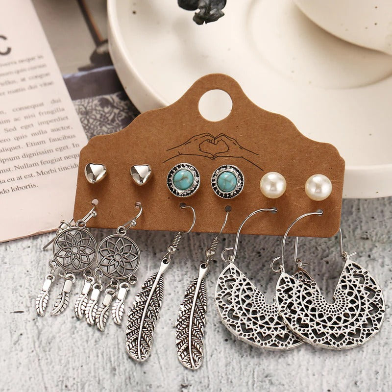 Driara 0126  6-Pair Oxidized German Silver Earring Combo | Trendy Studs, Dreamcatcher & Feather Design Set