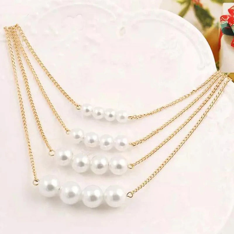 DRIARA 0184  White Gold Plated Multi-Layer Pearl Necklace | Elegant Multi-Strand Layered Pearl Chain for Women & Girls
