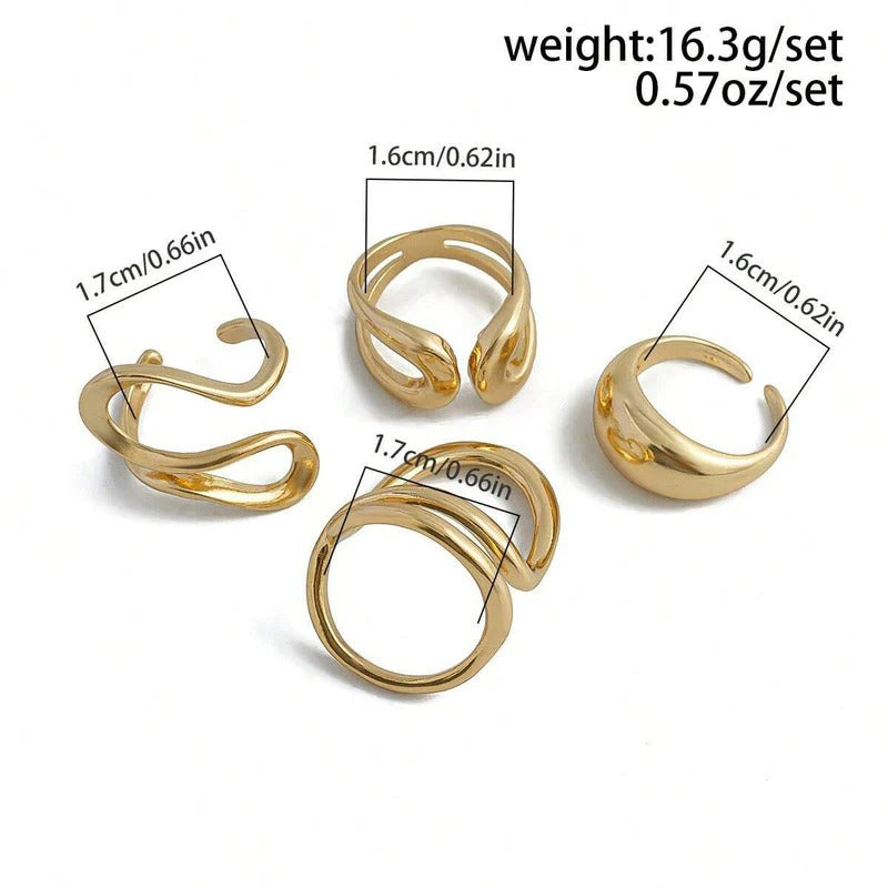 DRIARA 0103 Korean Gold-Plated 4-Piece Open Adjustable Rings Set for Women | Minimal Modern Finger Rings | Daily Wear Jewellery
