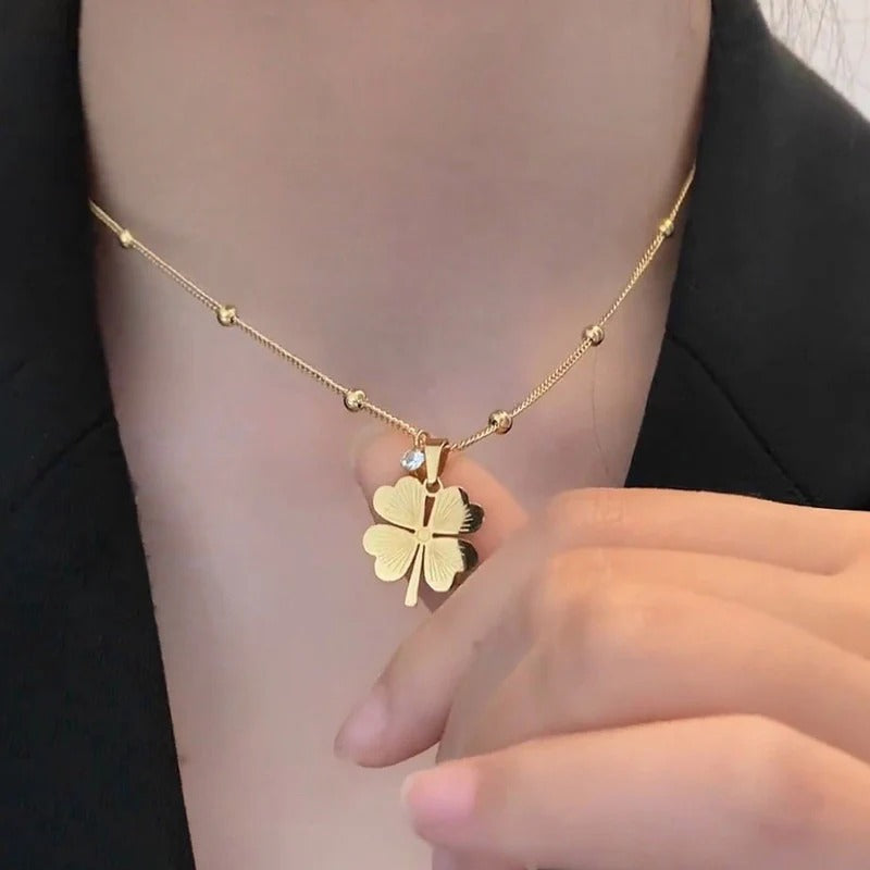 Driara 051 Golden Four-Leaf Clover Pendant Necklace for Women & Girls | Lucky Charm Korean Chain | Daily & Party Wear Jewellery