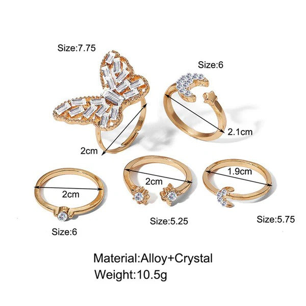 DRIARA 0197 Rose Gold Adjustable Ring Set for Women | Butterfly & Moon Design | Korean Style Finger Rings (Set of 5)