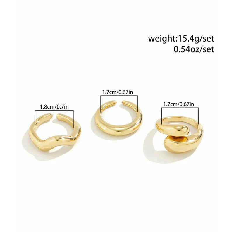 Driara 0141 Gold Plated Bold & Smooth Stackable Ring Set | Adjustable Finger Rings Combo (Set of 3)