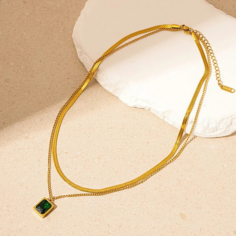 DRIARA 0110 Gold-Plated Layered Emerald Pendant Necklace Set for Women | 2-Layer Snake Chain & Square Green Stone Pendant