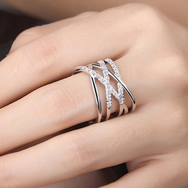 DRIARA 0163 Silver Plated Multi-Layer Korean American Diamond Adjustable Finger Ring | Stylish Criss-Cross CZ Fashion Ring for Women & Girls
