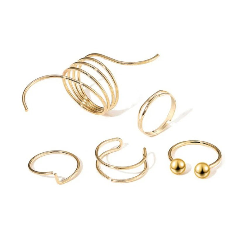 DRIARA 0113Gold-Plated Minimalistic Ring Set for Women (Set of 5) | Adjustable Korean Style Rings