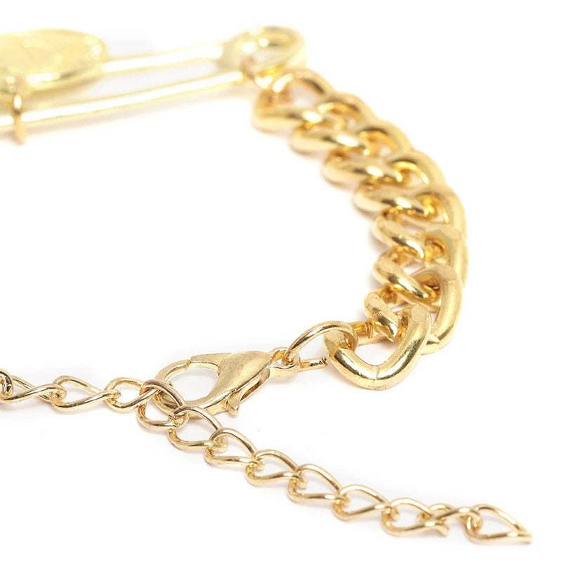 Driara 026 Gold Plated Chunky Chain Bracelet with Safety Pin Charm for Women & Girls – Trendy Korean Style Fashion Bracelet