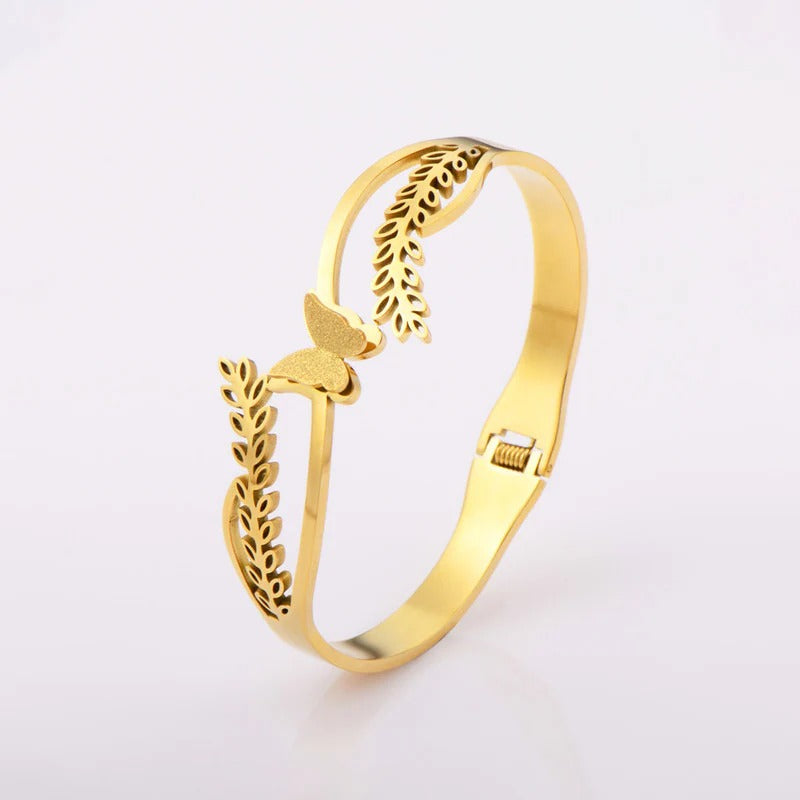 Driara 069 Golden Leaf Butterfly Adjustable Bangle Bracelet for Women & Girls | Stylish Korean Open Cuff Design | Anti-Tarnish Fashion Jewellery