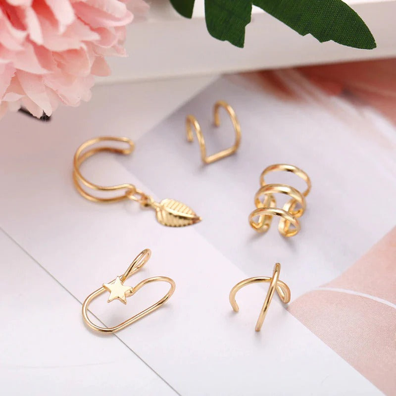 DRIARA 0106 Gold-Plated Korean Minimal Ear Cuff Earring Set for Women & Girls | 5-Piece Non-Pierced Stylish Ear Cuffs