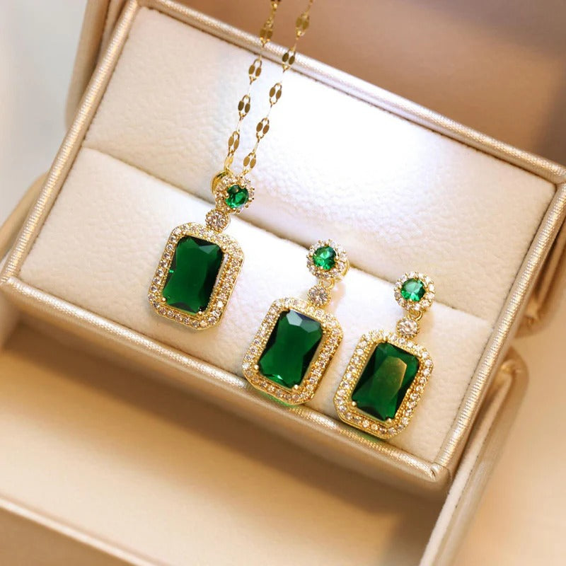 Driara 015 Gold Plated Green Crystal Pendant & Earrings Set for Women & Girls – Premium Party Wear Jewellery Set