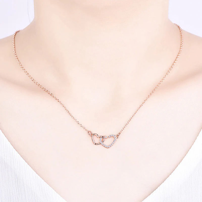 Driara 021 Rose Gold Plated Double Heart Pendant with Chain for Women & Girls – CZ Studded Korean Style Necklace