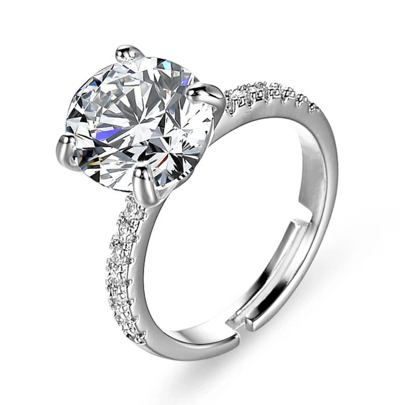 Driara 0144 Silver Plated Big Solitaire Adjustable Finger Ring | Premium AD Crystal Studded Ring for Women & Girls