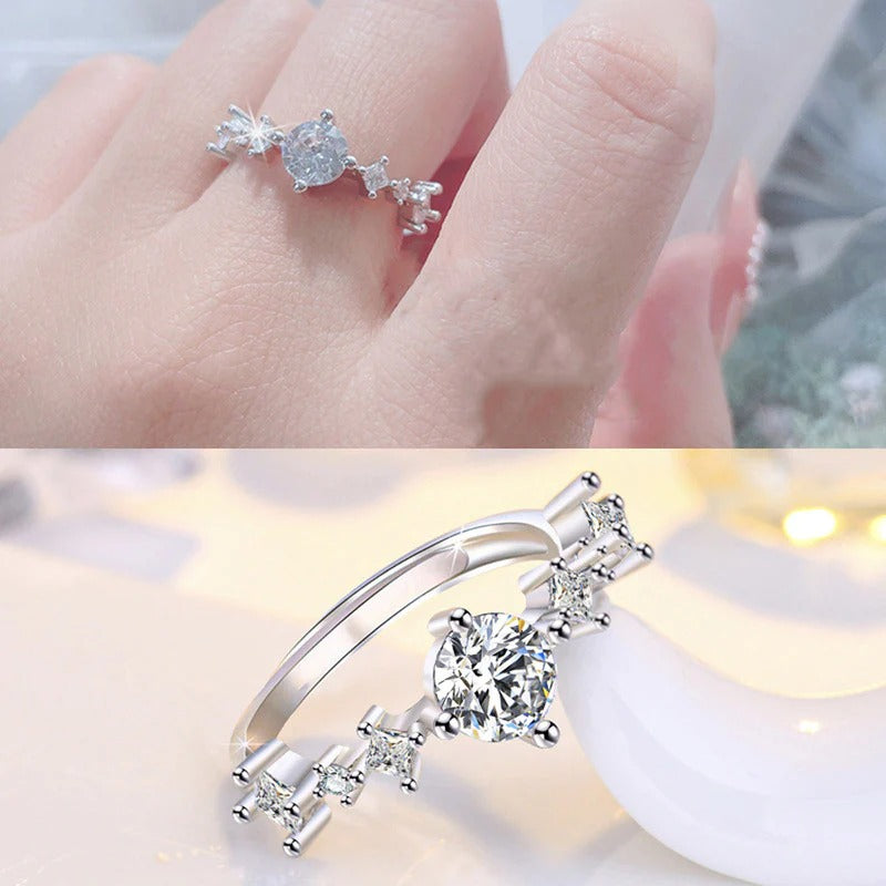DRIARA 0164 Silver Plated Korean American Diamond Adjustable Finger Ring | Sparkling Multi-Stone CZ Statement Ring for Women & Girls   ---