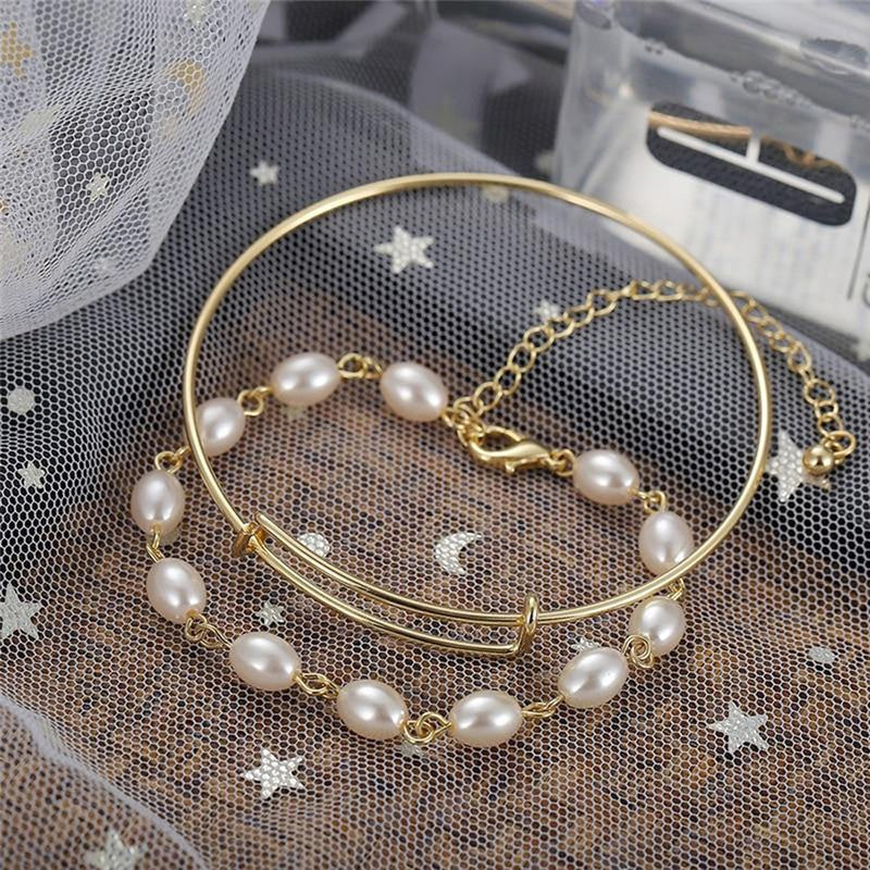 Driara 027 Gold Plated Minimal Bangle & Pearl Chain Bracelet Combo for Women & Girls – Elegant 2-Piece Jewellery Set