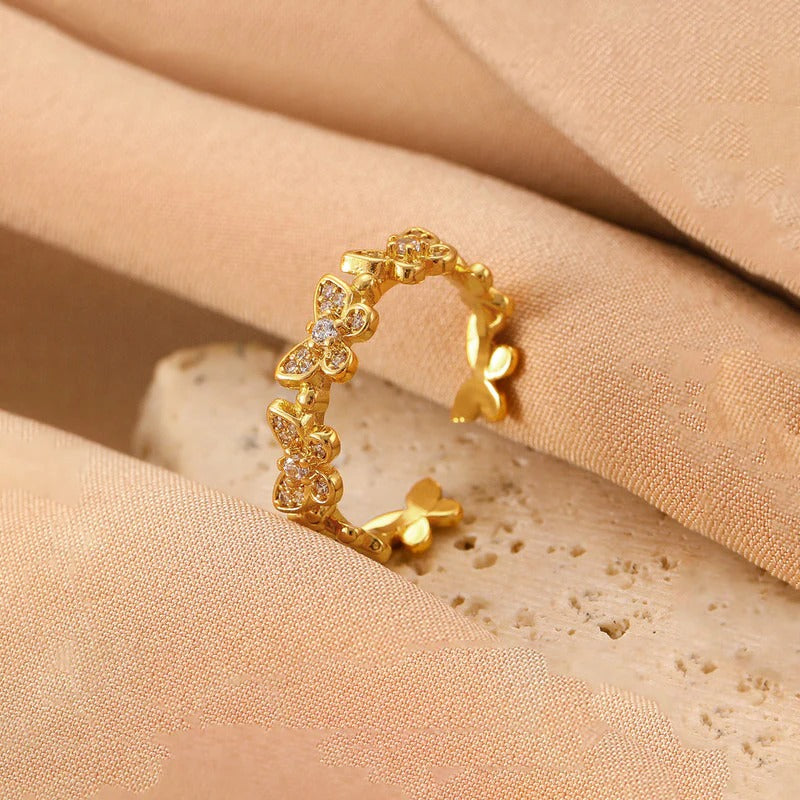 DRIARA 099 Gold-Plated Floral AD Stone Adjustable Ring for Women | Korean Elegant Design | Daily & Party Wear Jewellery